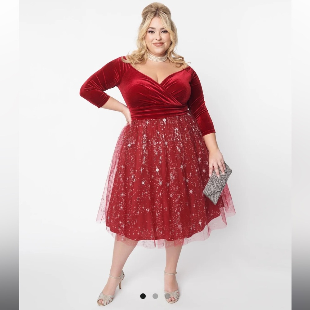 Unique Vintage Burgundy Velvet & Tulle Silver Stars Marceline Swing Dress